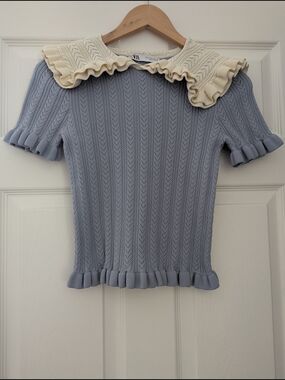 Zara Soft Blue Knit Top with Cream Ruffle Collar